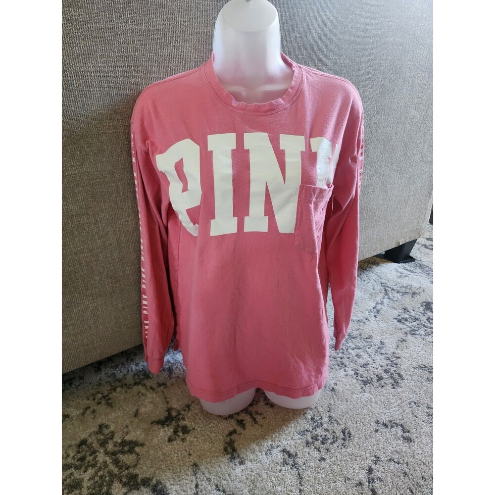 Victoria’s Secret Pink Oversized Long-Sleeve Shirt Logo PINK WHITE SIZE SMALL